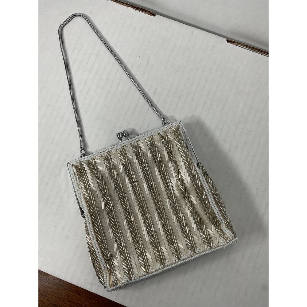 Handmade - Silver and White Beaded Evening Purse w/Top Lock Closure